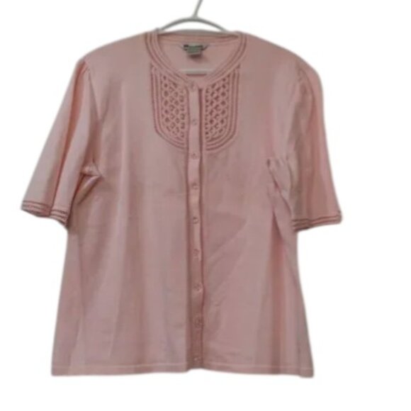 Nygard Collection Pink Lace Trim Button Front Short Sleeve Blouse Women’s L - Picture 1 of 7